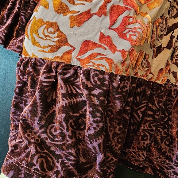 RXB Burgundy Red Gold Floral Velvet Burnout Velour Top Tiered Bell Sleeves Small - Picture 10 of 10